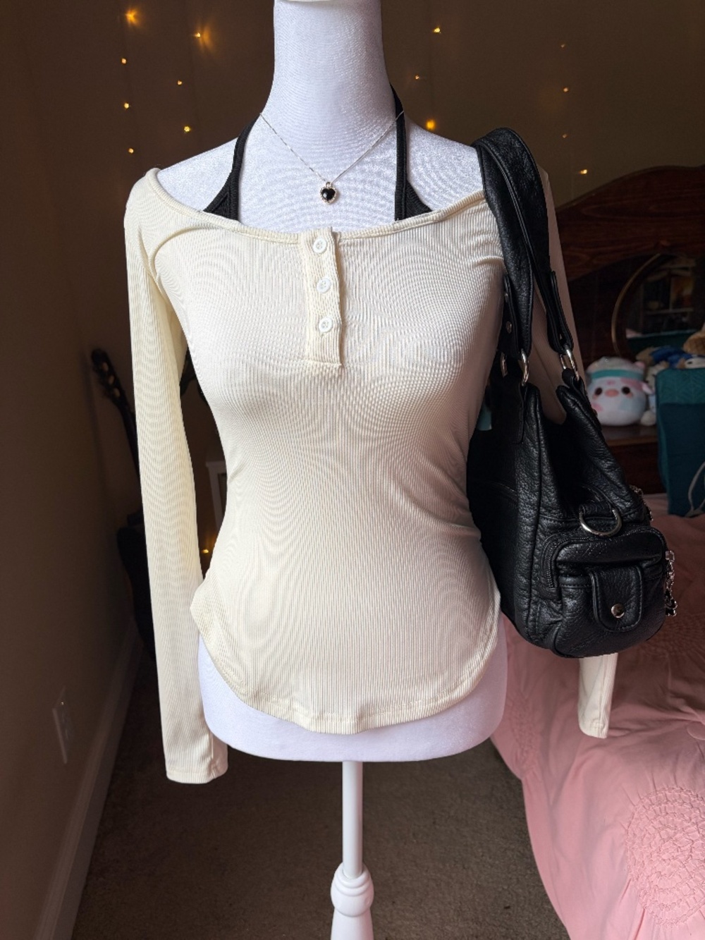 DAZY Cream Off-the-Shoulder Ribbed Henley Long Sleeve.